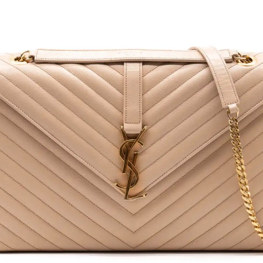 Saint Laurent YSL Beige Chevron & Gold Large Envelope Shoulder Bag, NEW …